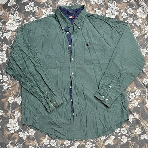 Tommy Hilfiger Men's Green White Pinstripe Shirt 100% Cotton Blue  Accents